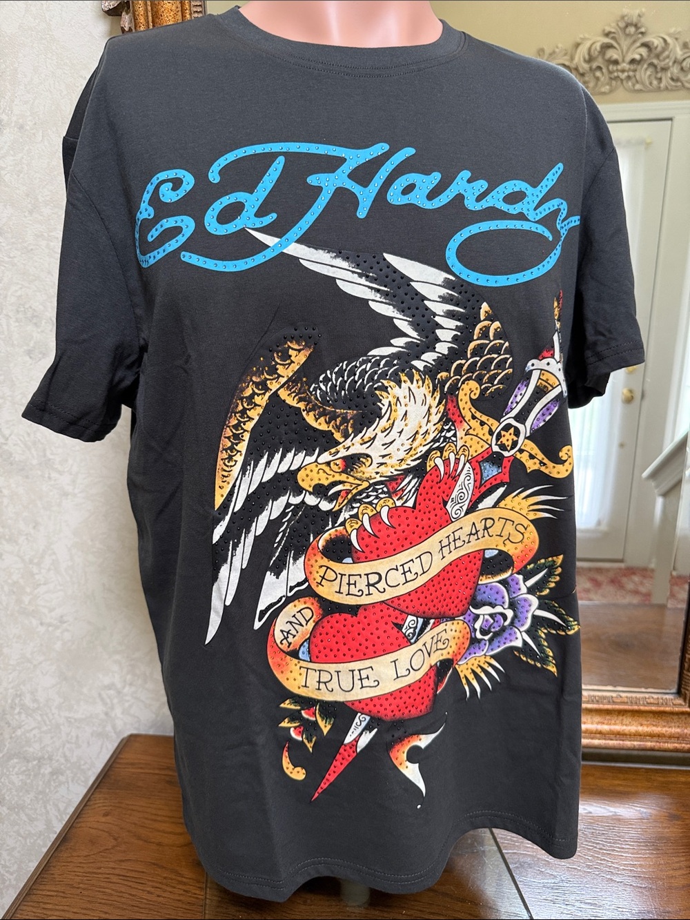 Ed Hardy Black Short-Sleeve Tee with Multicolor Pierced Heart & Eagle Graphic. L